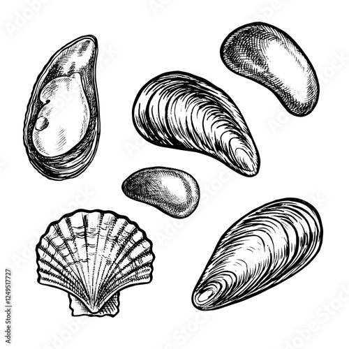 A set of marine elements, pebbles, mussels and scallops. Vector graphic illustrations made by hand. Clip art black and white images of marine objects. Isolates. Perfect for packaging, labels and more.