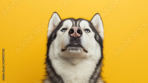 A close-up of a husky dog against a bright yellow background, showcasing its distinctive features and expressive face.