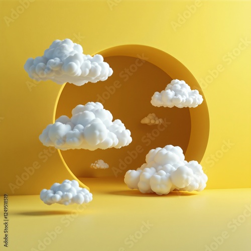 Surreal 3D Render of White Clouds Flying Out from a Yellow Tunnel
