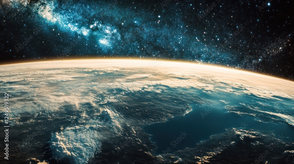 Fototapeta premium A detailed close-up of a satellite in low Earth orbit, with a breathtaking view of the continents, oceans, and the Milky Way beyond