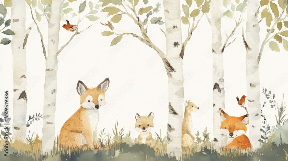 Fototapeta premium Creating a handpainted woodland scene featuring birch trees in a tranquil forest environment