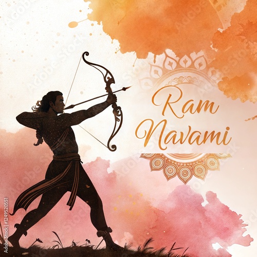 Lord Rama silhouette with bow and arrow. Ram Navami festival celebration background for Indian religious holiday