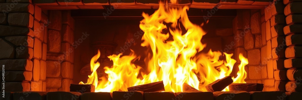 Obraz premium Soaring Flames in a Large Stone Fireplace, flames, earthy, brick