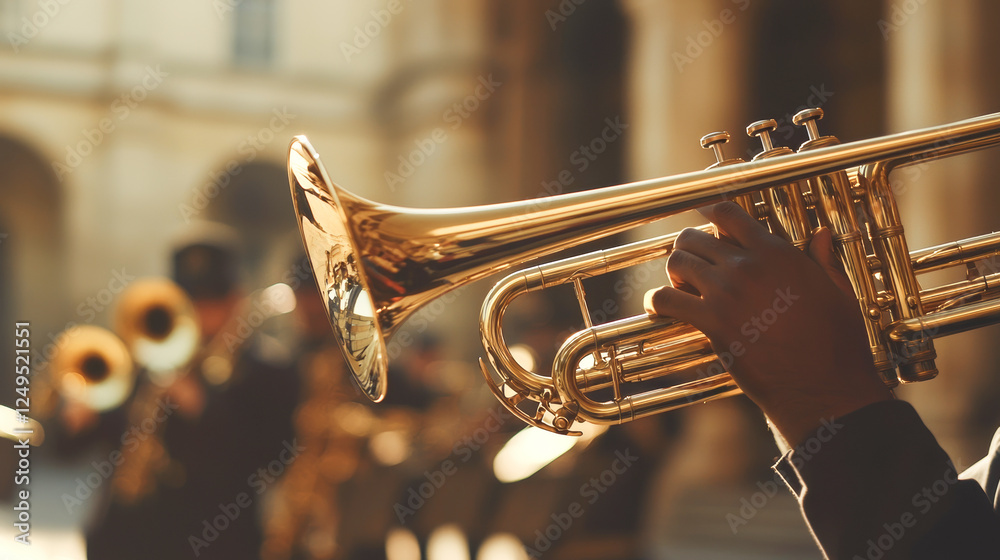 Obraz premium American Memorial Day Marching Band Performance in Sunlit Parade. Concept of patriotic music, brass instruments, cultural celebration, community gathering, Independence Day