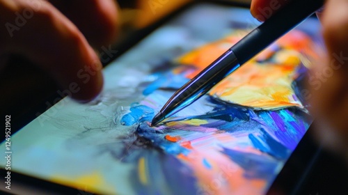 Creating digital art artist's studio high-definition image creative environment close-up view stylus on tablet photo
