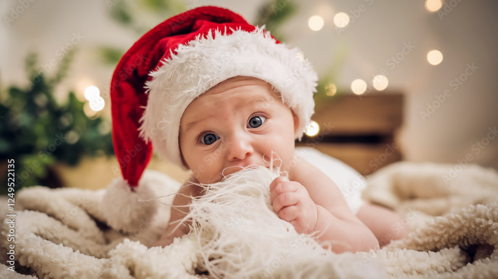A baby wearing a Santa hat, lying on a soft white blanket, chewing on a fluffy decoration, surrounded by festive lights and decorations, capturing the joy of the holiday season. A baby wearing a Santa hat, lying on a soft white blanket, chewing on a fluffy decoration, surrounded by festive lights and decorations, capturing the joy of the holiday season.