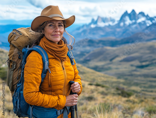 Confident Mature Woman Trekking in Mountain Landscape
 photo