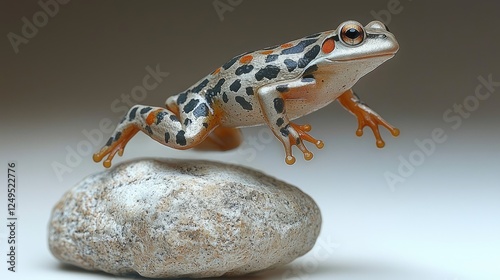 A vibrant frog leaping over a stone, showcasing its unique colors and patterns.