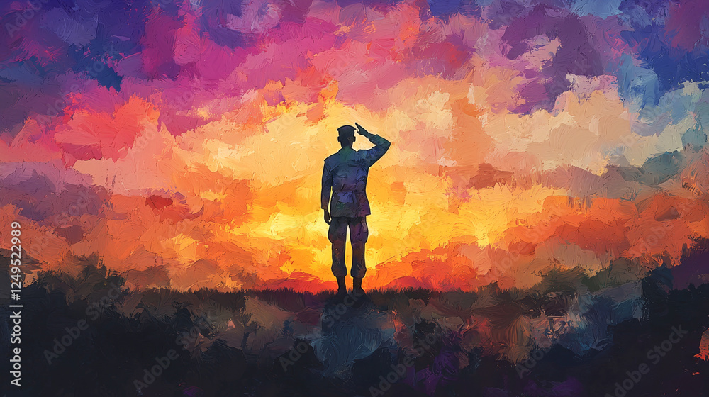 Fototapeta premium Silhouette of Soldier Saluting at Vibrant Sunset. Concept of Military Honor, Patriotic Tribute, Artistic Expression, Valor and Sacrifice. American Memorial Day. Watercolor