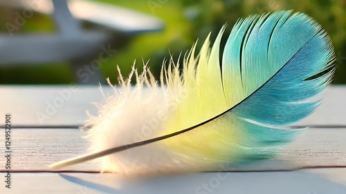  beautiful blue yellow smooth feather on a table in the garden photo