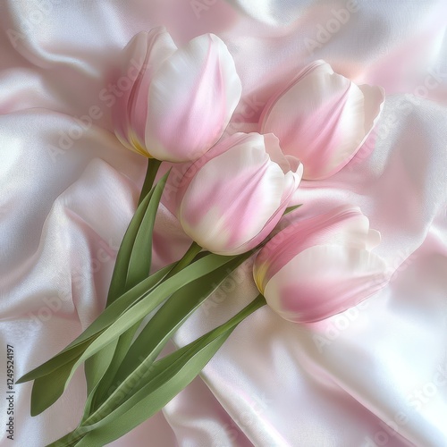 Delicate pink tulips on soft pink fabric photo