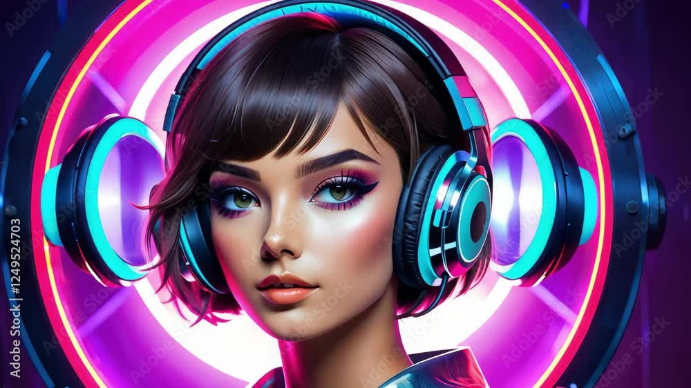 Girl with headphones in neon light, listening to music, bright futuristic style
