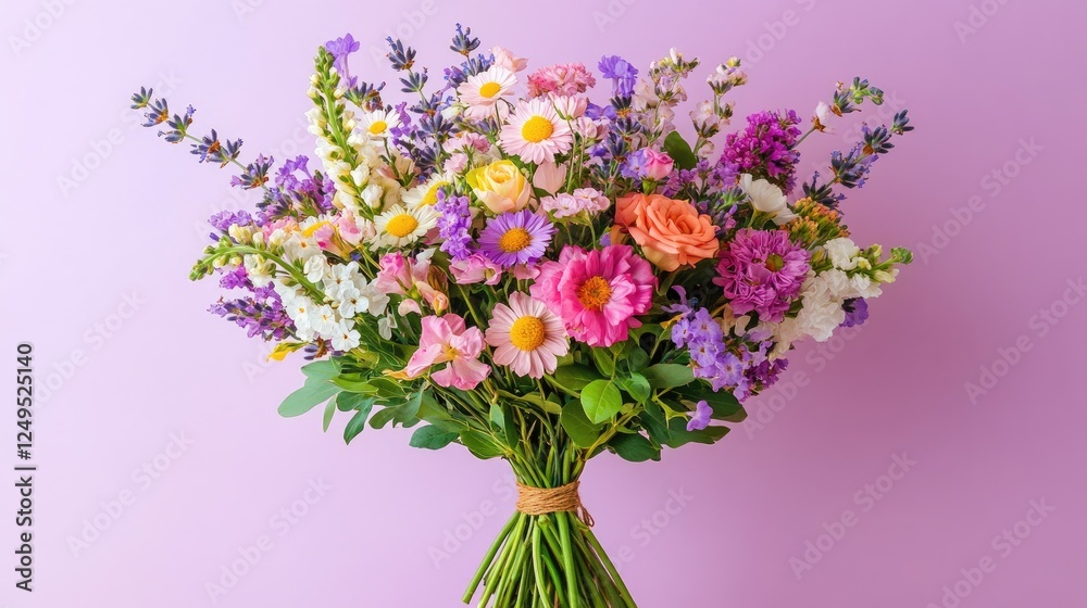 Fototapeta premium A beautifully arranged bouquet of mixed wildflowers held against a solid lavender background. Romantic and soft aesthetic.