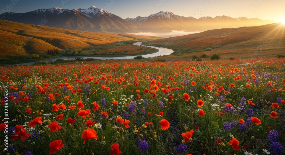 A breathtaking valley covered in a sea of wildflowers in full bloom during spring. Vibrant poppies, daisies, and lavender sway gently in the breeze A breathtaking valley covered in a sea of wildflowers in full bloom during spring. Vibrant poppies, daisies, and lavender sway gently in the breeze