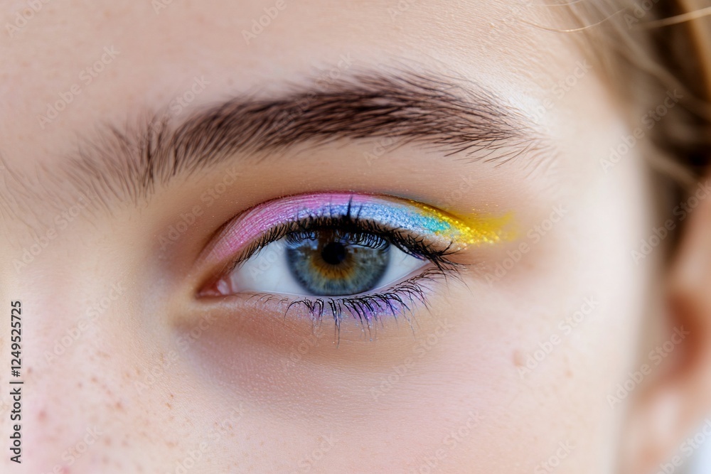 Closeup eye makeup, vibrant colors, girl's eye, fashion, beauty Closeup eye makeup, vibrant colors, girl's eye, fashion, beauty