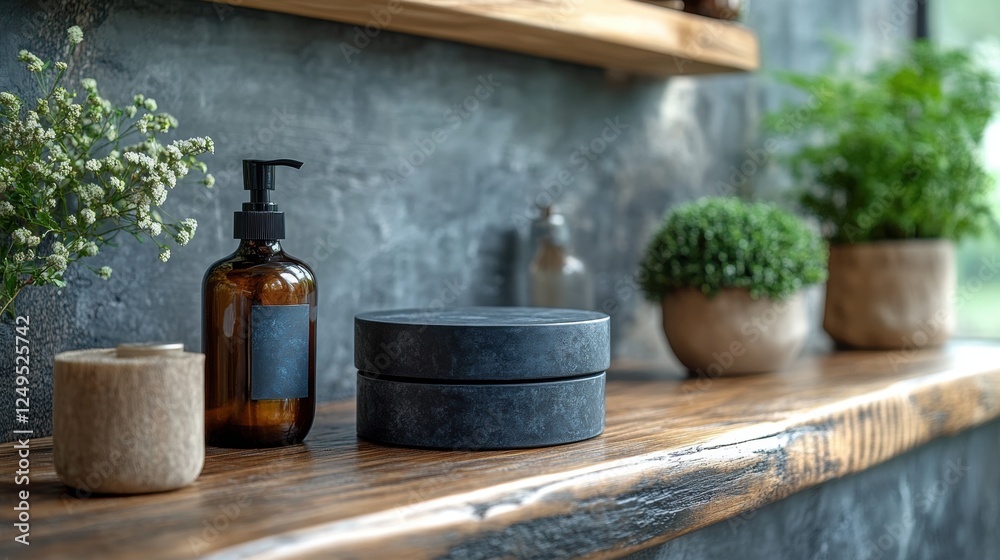 Elegant bathroom shelf with apothecary bottle and greenery accents for modern decor Elegant bathroom shelf with apothecary bottle and greenery accents for modern decor