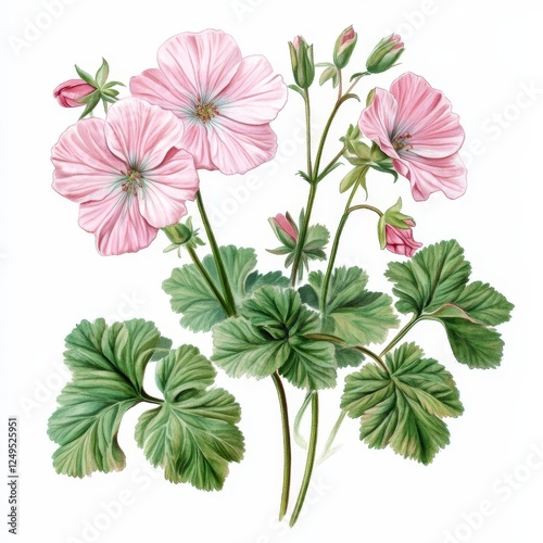 Detailed Pink Flowers and Leaves on White Background