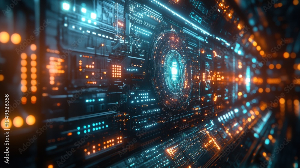 Futuristic circuit board with glowing digital interface and cyber elements Futuristic circuit board with glowing digital interface and cyber elements
