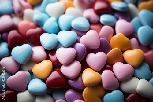 A cheerful pattern of multi-colored sweet candy hearts on a pastel rainbow gradient, ideal for a Valentine's Day card, delicious gift to celebrate.