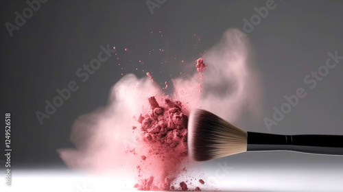Cosmetic brush with pink powder in motion spreading on light background. No people. Cosmetic Background concept. Illustration. Generative AI