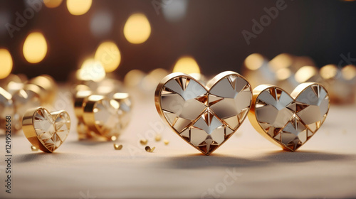 gold heart shapes with white enamel set, standing on a table with golden defocused lights in the background, ideal template or background for expressing love and celebrating Valentine's Day
