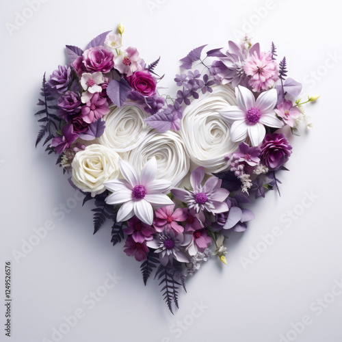 Valentine's Day flower arrangement in shape of a heart, made of fresh pastel flowers and leaves. Copy space. Soft pastel background, flat lay. Floral love decoration.