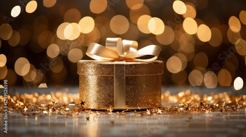 Golden gift. A round box, it gleams with festive allure. elegance and cheer, transmits opulence and celebration. decorative shinny confetti and amidst a bokeh backdrop. Birthday, Valentine's Day
