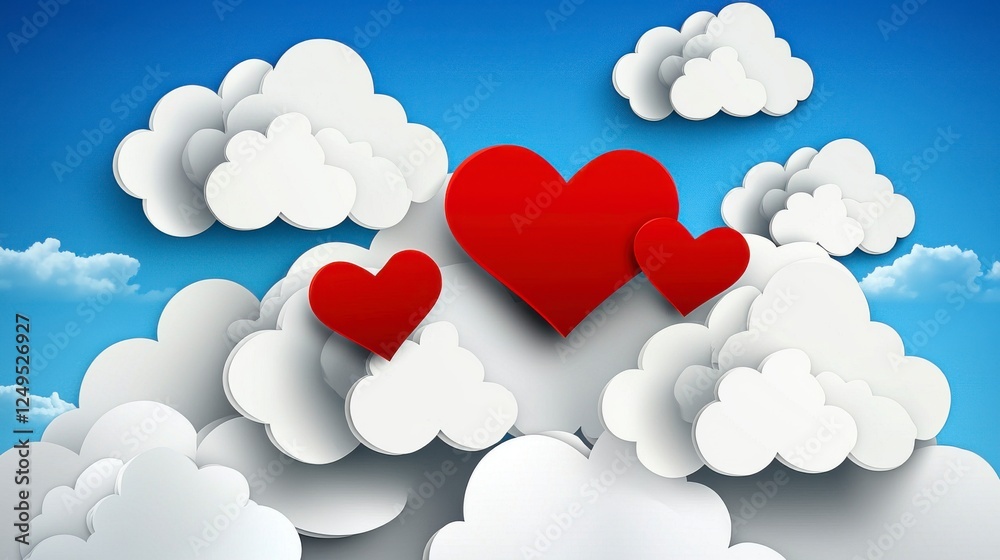 Red Hearts Floating Among White Clouds In Blue Sky Red Hearts Floating Among White Clouds In Blue Sky