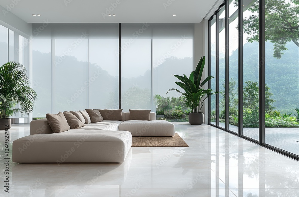 Fototapeta premium Modern living room with large windows overlooking lush greenery and mountains