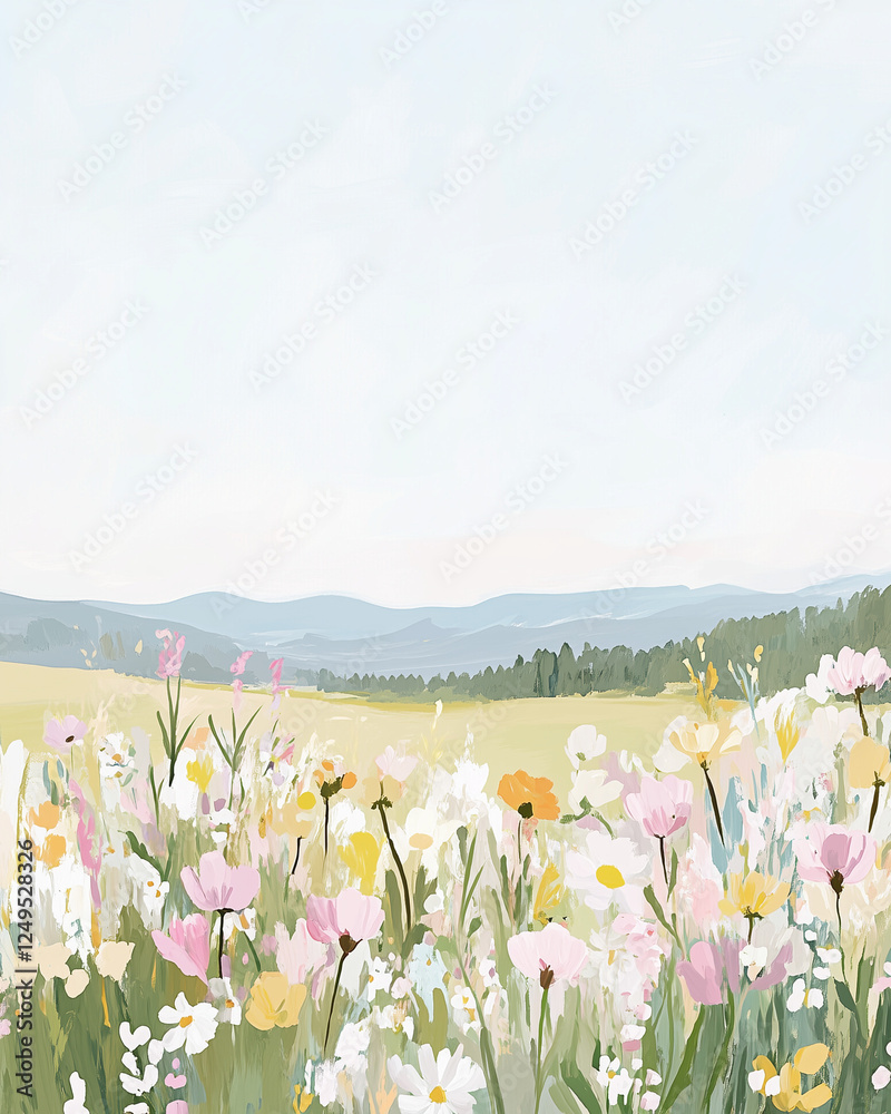 Colorful Wildflower Meadow Under a Clear Sky With Distant Mountains and Lush Greenery in Late Spring