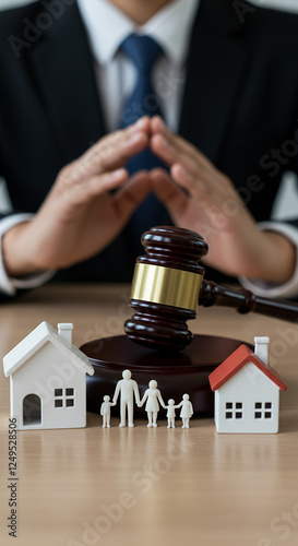 Family Law: Protecting Homes & Futures. Gavel, Houses & Figures Symbolize Divorce, Custody, Real Estate. Find Legal Help Today!