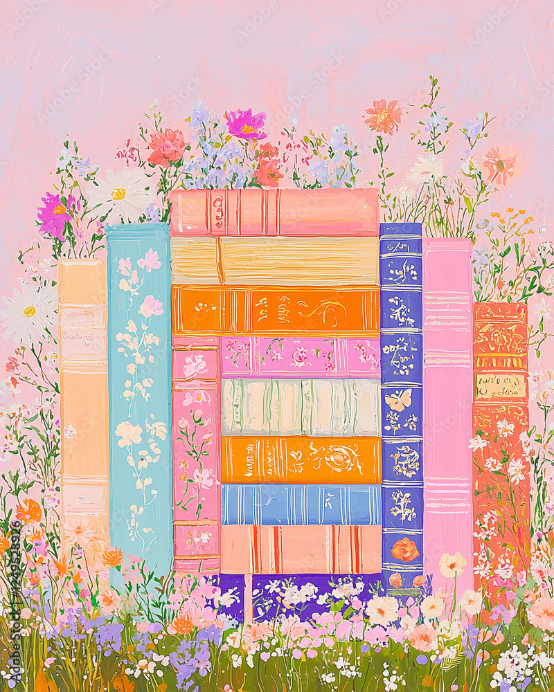 Colorful Vintage Books Surrounded by Wildflowers in a Pastel Garden Setting During Springtime