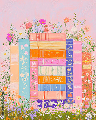 Obraz na płótnie Colorful Vintage Books Surrounded by Wildflowers in a Pastel Garden Setting During Springtime w salonie