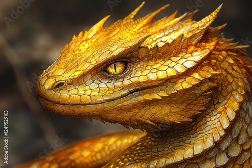 A golden dragon head with detailed scales is beautifully rendered photo