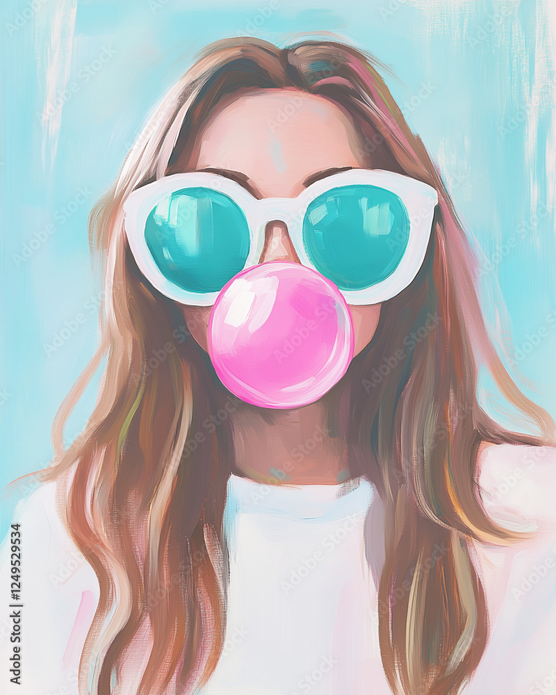 Young Woman Blows Pink Bubble Gum With Oversized Sunglasses in Vibrant Pastel Colors