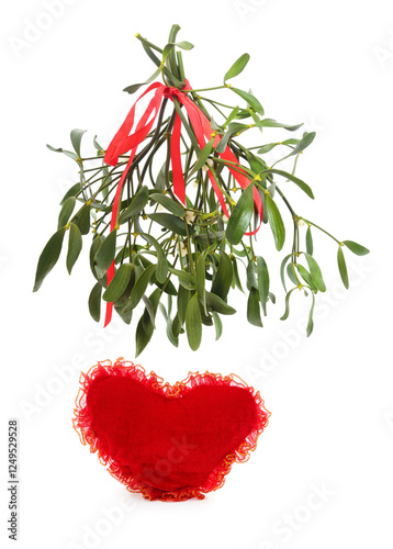 Mistletoe branch with ribbon and heart.