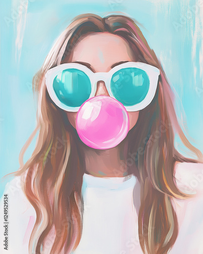 Obraz na płótnie Young Woman Blows Pink Bubble Gum With Oversized Sunglasses in Vibrant Pastel Colors w salonie