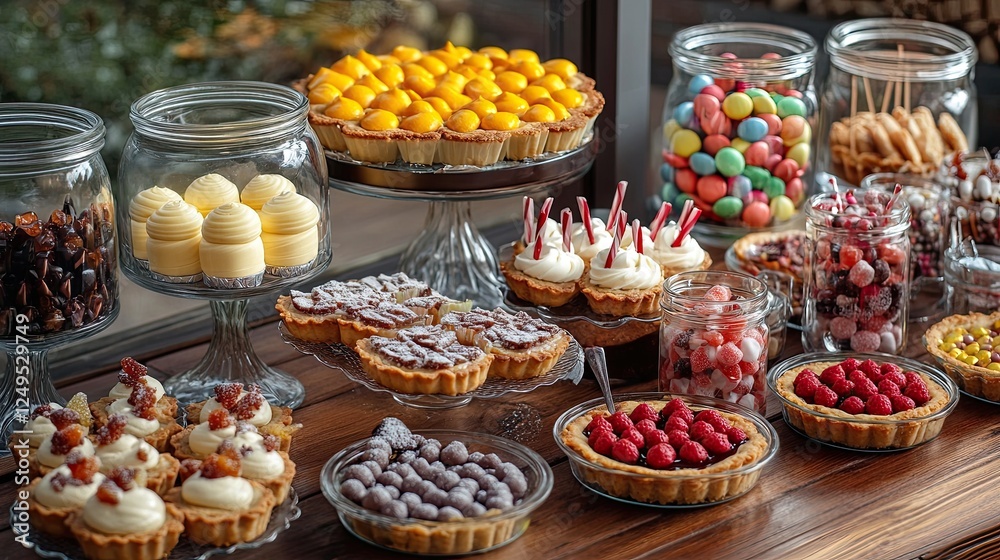 A table full of desserts and candy, including pies, cakes, and cookies A table full of desserts and candy, including pies, cakes, and cookies