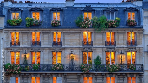 Parisian Building Illuminated at Dusk with Flowered Balconies