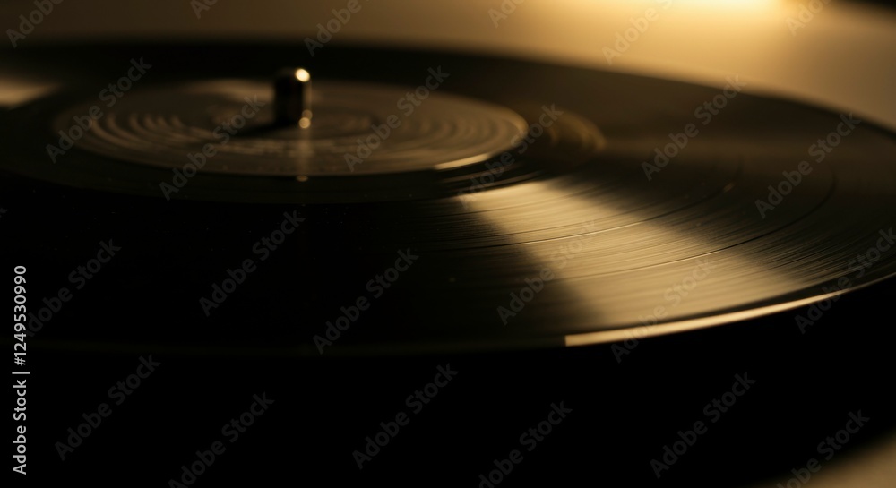 Close-up of a spinning vinyl record on a turntable, capturing the warm glow of ambient light Close-up of a spinning vinyl record on a turntable, capturing the warm glow of ambient light