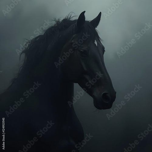 black horse in the fog
