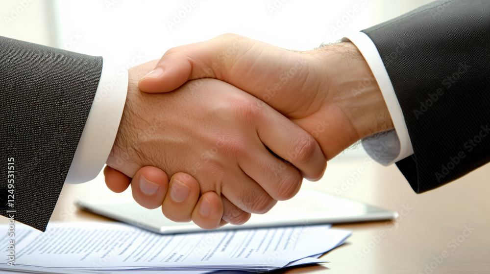 Handshake between two individuals dressed in business attire.