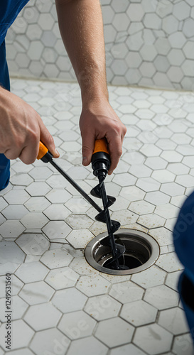 Unclogging Drain: Auger Tool, Sink Repair, & Home Plumbing Fixes for DIY Drain Cleaning on White Hexagon Tile Bathroom Floors