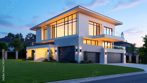 Modern luxury house with glass windows, sleek design, and a sunset backdrop emphasizing contemporary architecture and comfortable living. photo