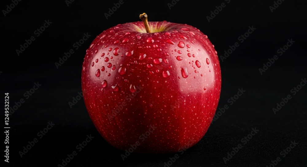 Fresh red apple with water droplets on a black background, symbolizing health and vitality Fresh red apple with water droplets on a black background, symbolizing health and vitality