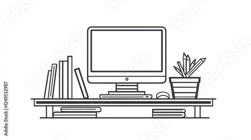 Simple Line Drawing of a Desk with Computer and Books photo