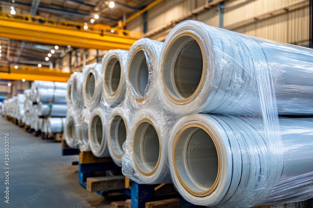 Industrial storage area filled with large rolls of white material in a well-lit warehouse Industrial storage area filled with large rolls of white material in a well-lit warehouse