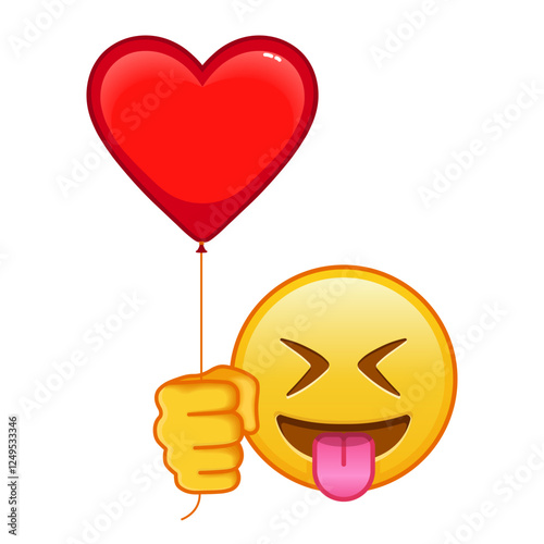 Face with protruding tongue and tightly closed eyes with red heart baloon