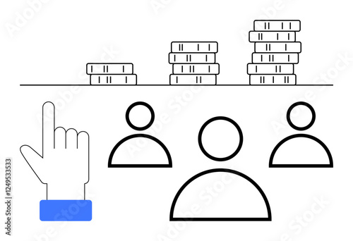 Hand gesture near coins and abstract figures, emphasizing resource allocation, teamwork, funding, and business planning. Ideal for finance, economy, team management, investments decision dynamics