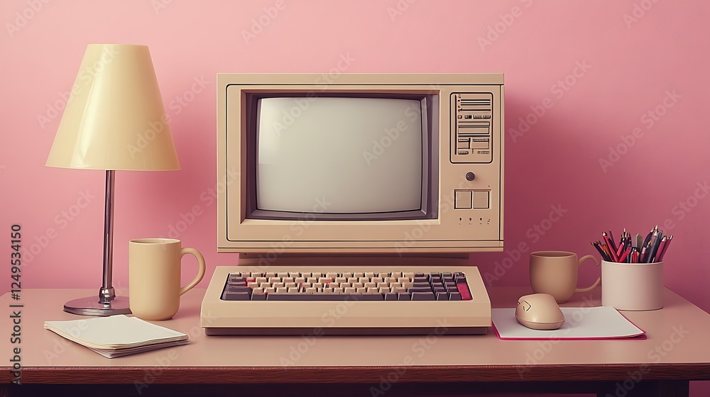 An old beige computer with a white screen keyboard An old beige computer with a white screen keyboard